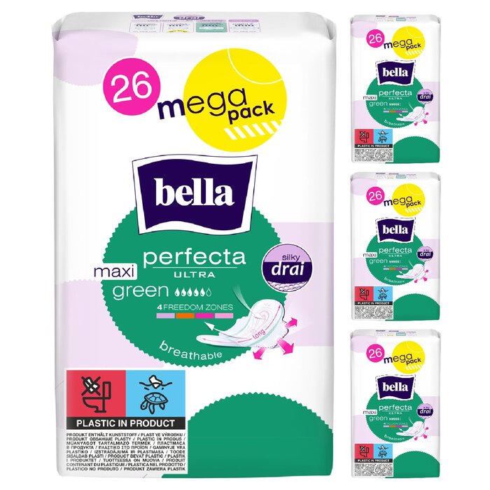 bella Perfecta Ultra Damenbinden Maxi Green Lang mit Flügeln Silky Drai 26 Stück 4er Pack