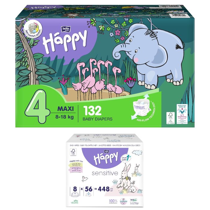 1. Happy Box Windelgröße: Maxi Gr. 4 (8-18kg), 1. Sorte Feuchttücher: Milch & Honig