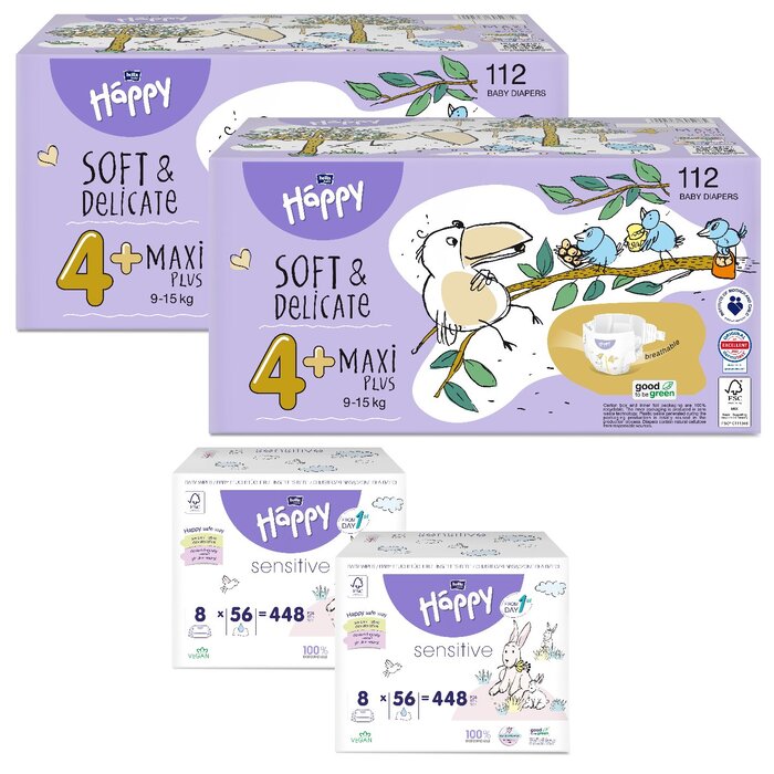 1. Sorte Feuchttücher: feuchtes Toilettenpapier Sensitive, 2. Sorte Feuchttücher: Sensitive, 1. Größe bella baby Happy Box : Größe 4+ Maxi Plus 9-15kg, 2. Größe bella baby Happy Box: Größe 6 Junior Extra 15+kg