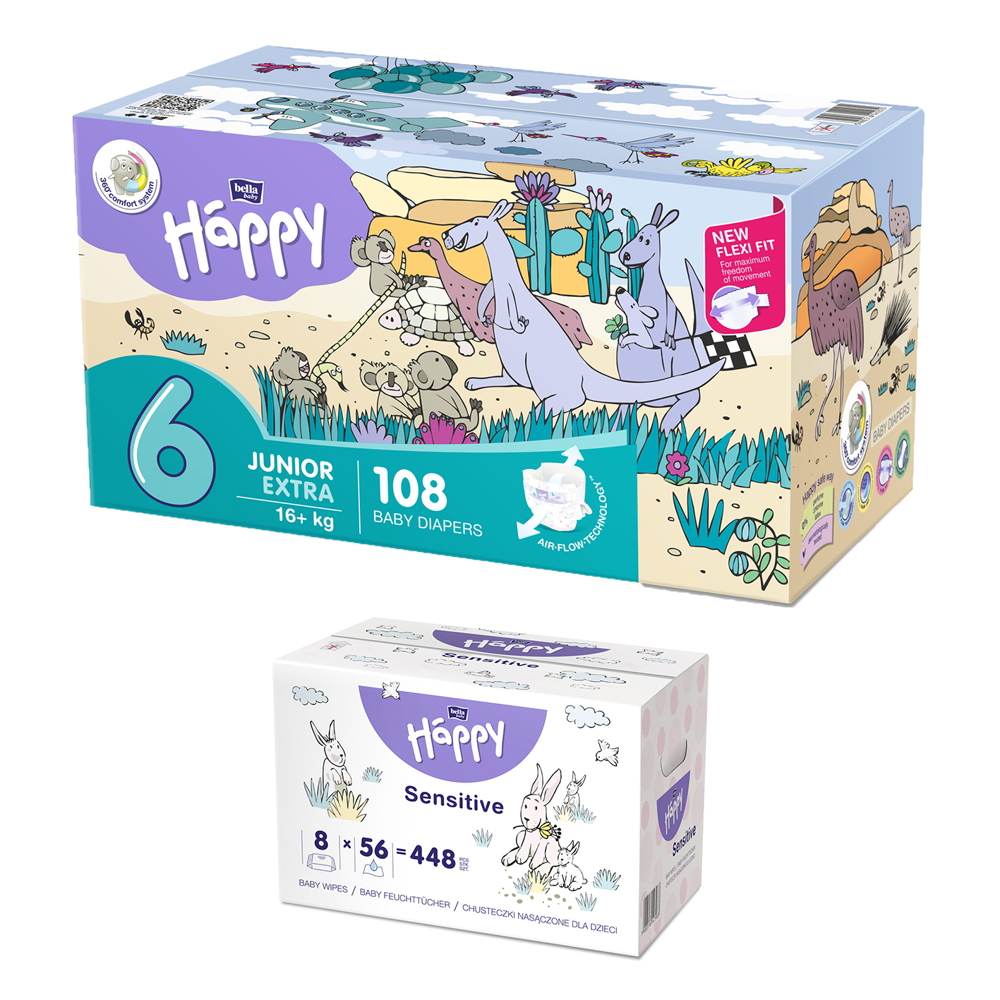 1. Happy Box Windelgröße: Junior Extra 6 (16+kg), 1. Sorte Feuchttücher: Milch & Honig