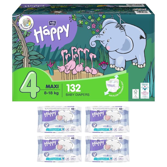 1. Happy Box Windelgröße: Maxi Gr. 4 (8-18kg), Feuchttücher Sorte: 4er Pack feuchtes Toilettenpapier Sensitive