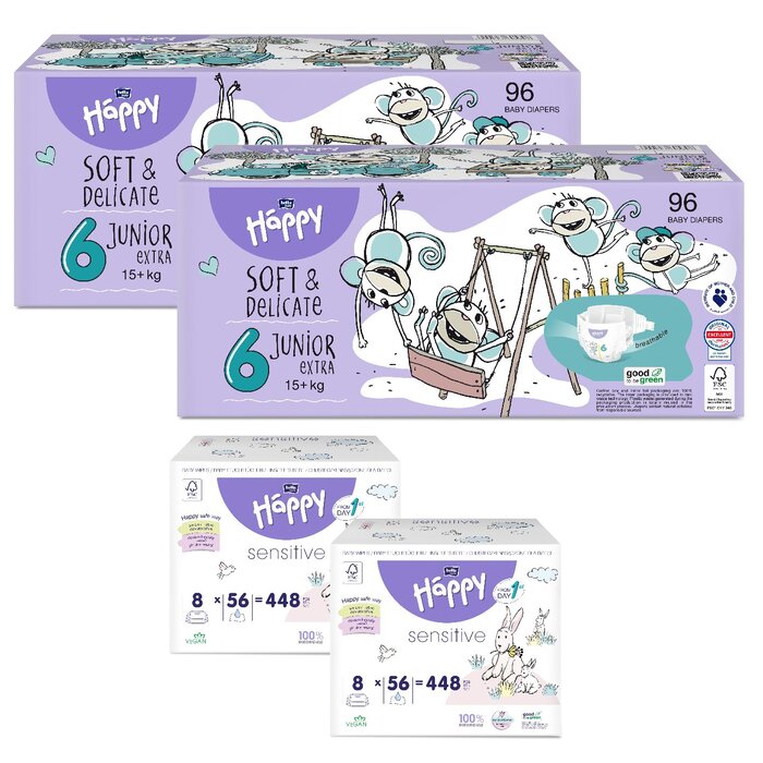 1. Sorte Feuchttücher: Mandel & Olive, 2. Sorte Feuchttücher: Seide & Baumwolle, 1. Größe bella baby Happy Box : Größe 6 Junior Extra 15+kg, 2. Größe bella baby Happy Box: Größe 4+ Maxi Plus 9-15kg