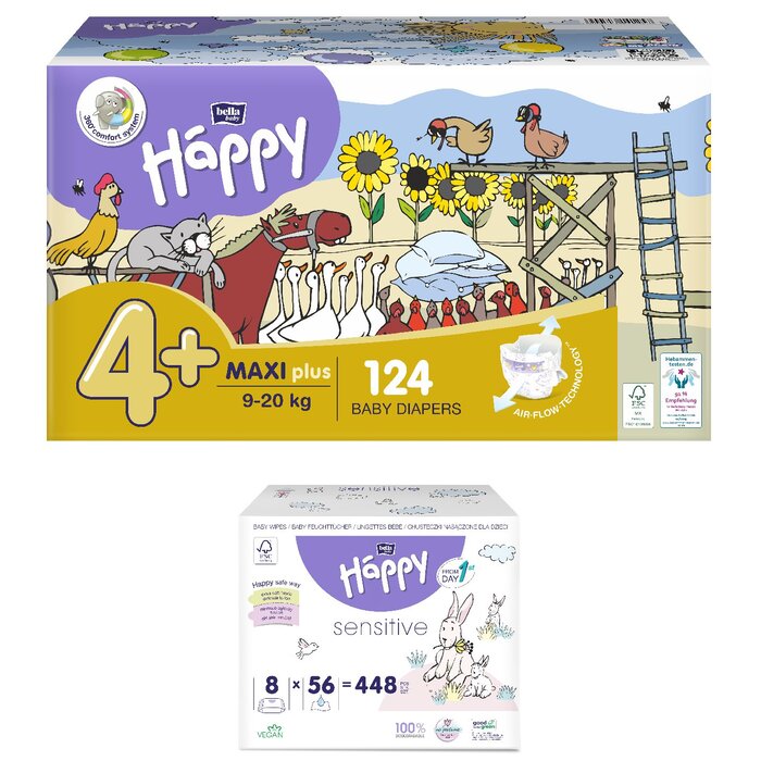 1. Happy Box Windelgröße: Maxi Plus Gr. 4+ (9-20kg), 1. Sorte Feuchttücher: Mandel & Olive