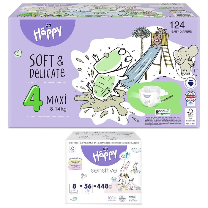 1. Sorte Feuchttücher: feuchtes Toilettenpapier Sensitive, 1. Größe bella baby Happy Box : Größe 4 Maxi 8-14kg