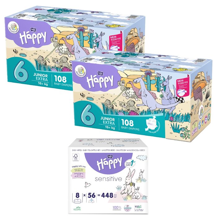 1. Happy Box Windelgröße: Junior Extra 6 (16+kg), 2. Happy Box Windelgröße: Junior Extra 6 (16+kg), 1. Sorte Feuchttücher: Aqua Care