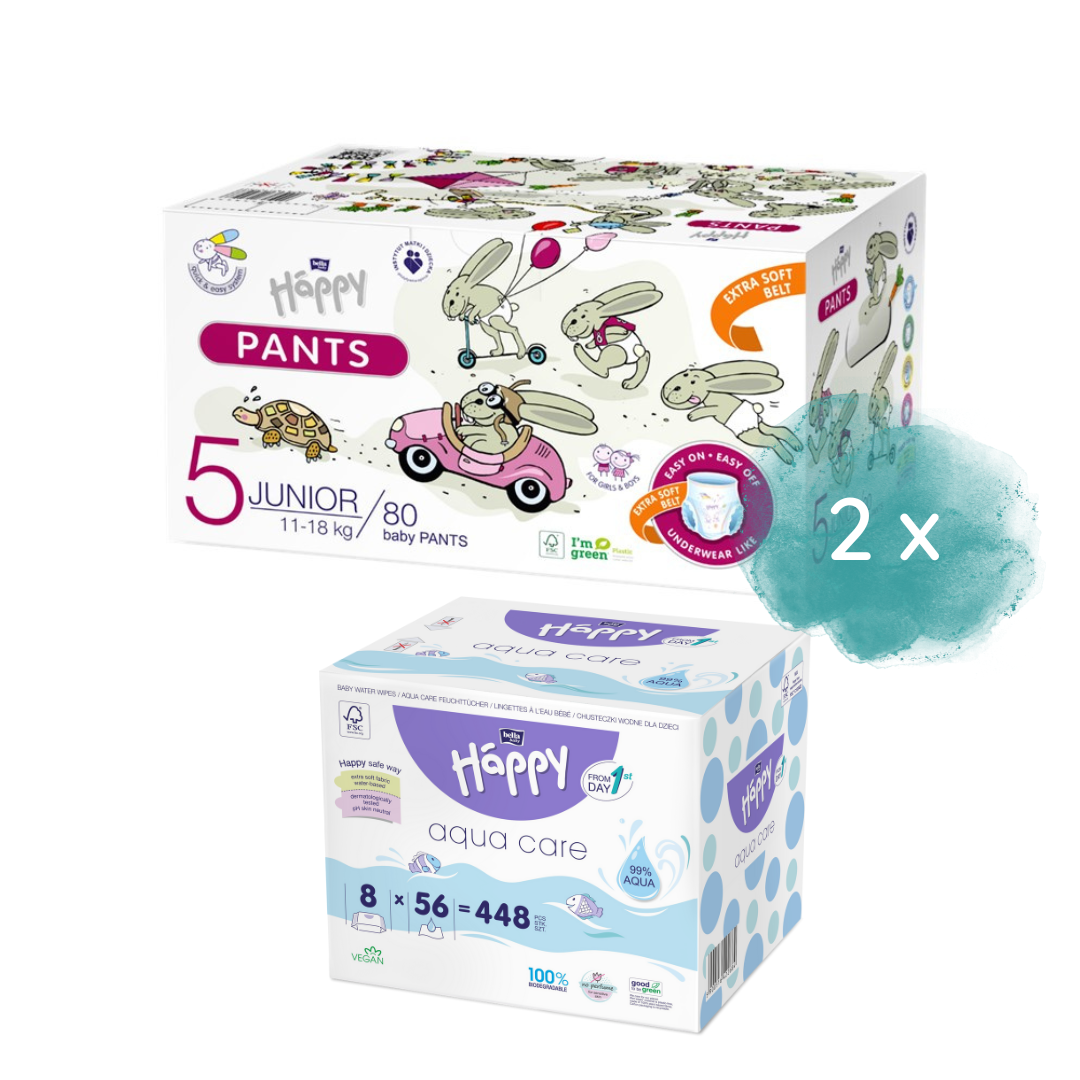 Happy Öko-Box Pants Gr. 5 Junior 11-18kg & 2. Größe  + 8er Pack Aqua Care Feuchttücher