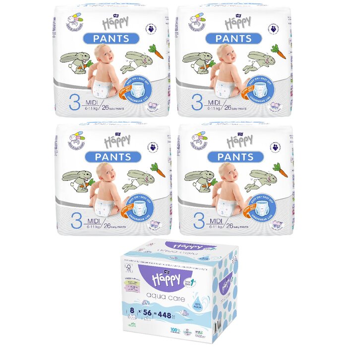 bella baby Happy Pants Größe 3 Midi 6-11 kg im 4er Pack & 8er Pack Aqua Care Feuchttücher