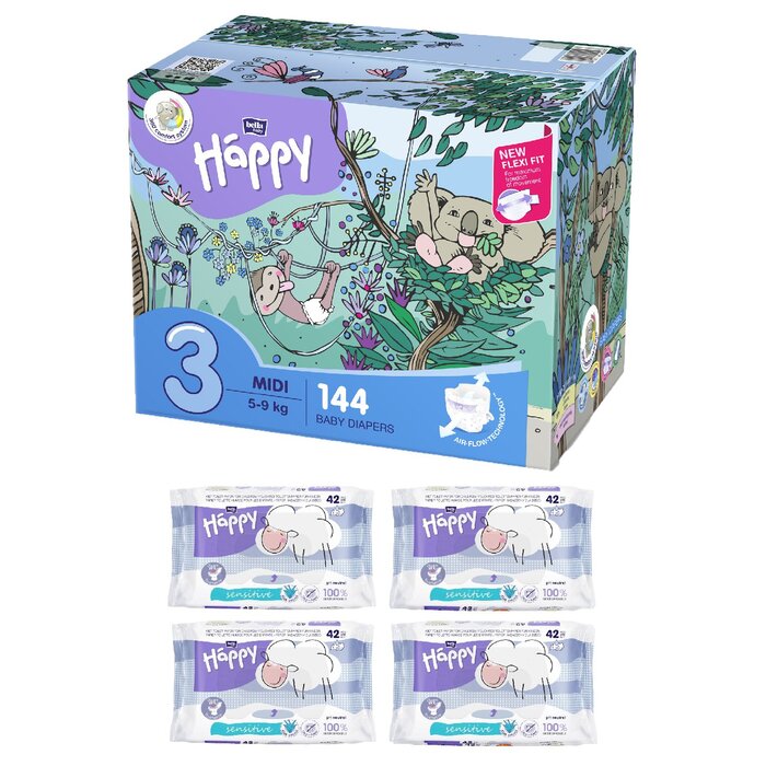 1. Happy Box Windelgröße: Midi Gr. 3 (5-9kg), Feuchttücher Sorte: 4er Pack feuchtes Toilettenpapier Sensitive