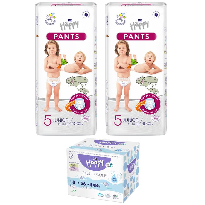 bella baby Happy Pants Größe 5 Junior 11-18 kg 2x40 Stück & 8er Pack Aqua Care Feuchttücher