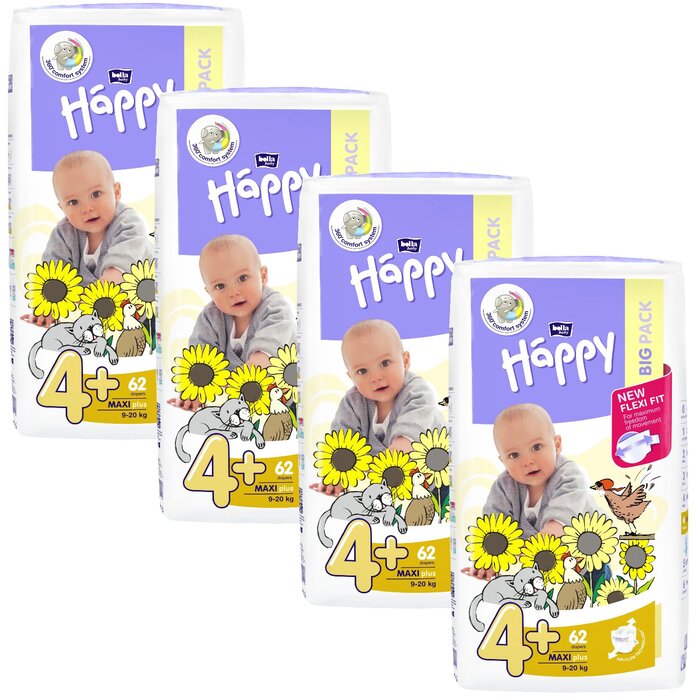 bella baby Happy Windeln Größe 4+ Maxi Plus 9-20kg BIG PACK 4x62 Stück