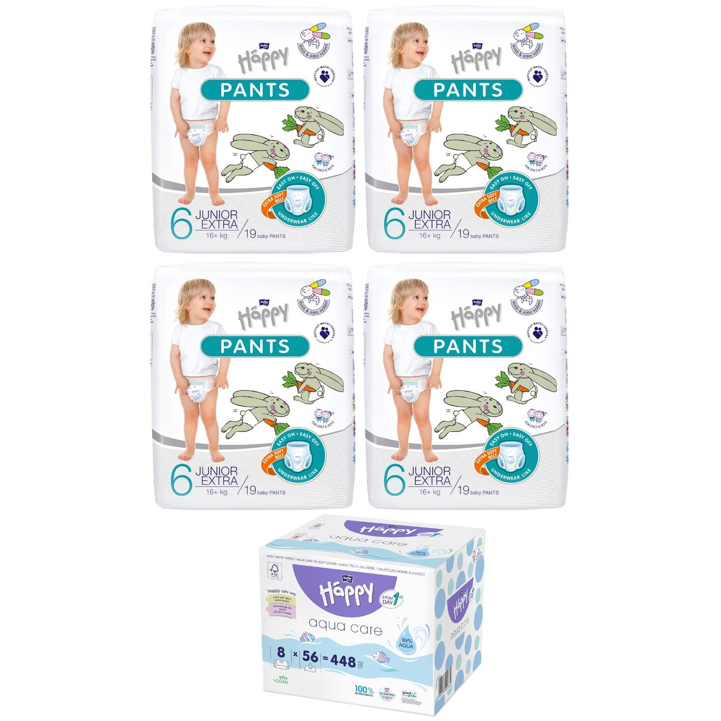 bella baby Happy Pants Gr.6 Junior Extra 16+kg 19 Stück & 8er Pack Aqua Care Feuchttücher