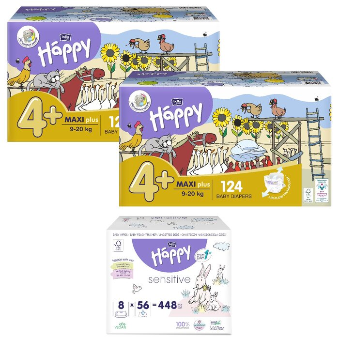 1. Happy Box Windelgröße: Maxi Plus Gr. 4+ (9-20kg), 2. Happy Box Windelgröße: Junior Gr. 5 (12-25kg), 1. Sorte Feuchttücher: feuchtes Toilettenpapier Sensitive