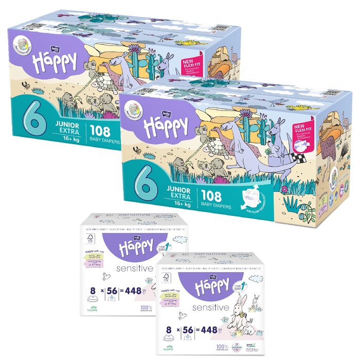 1. Happy Box Windelgröße: Junior Extra 6 (16+kg), 2. Happy Box Windelgröße: Junior Extra 6 (16+kg), 1. Sorte Feuchttücher: Allantoin & Vit. E, 2. Sorte Feuchttücher: Sensitive