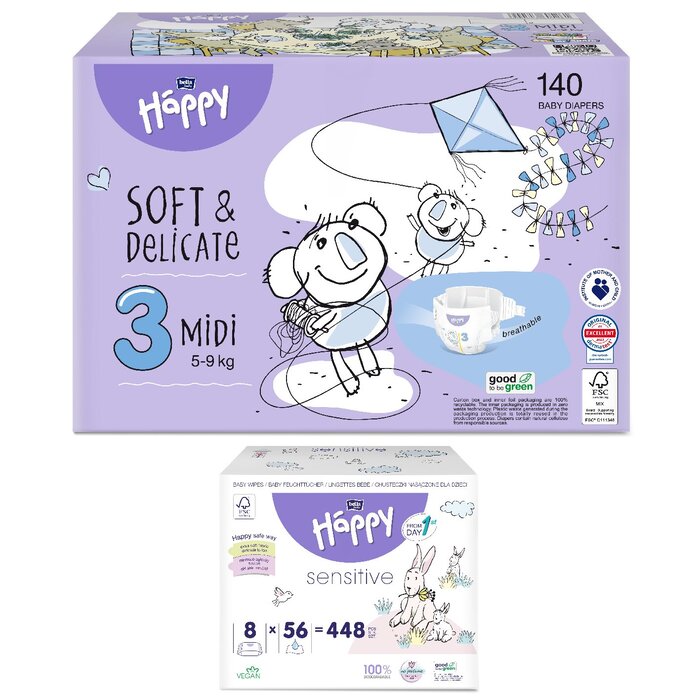 1. Sorte Feuchttücher: feuchtes Toilettenpapier Sensitive, 1. Größe bella baby Happy Box : Größe 3 Midi 5-9kg