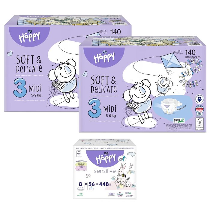 1. Sorte Feuchttücher: feuchtes Toilettenpapier Sensitive, 1. Größe bella baby Happy Box : Größe 3 Midi 5-9kg, 2. Größe bella baby Happy Box: Größe 3 Midi 5-9kg