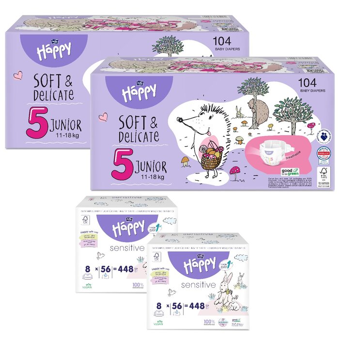 1. Sorte Feuchttücher: feuchtes Toilettenpapier Sensitive, 2. Sorte Feuchttücher: Seide & Baumwolle, 1. Größe bella baby Happy Box : Größe 5 Junior 11-18kg, 2. Größe bella baby Happy Box: Größe 3 Midi 5-9kg