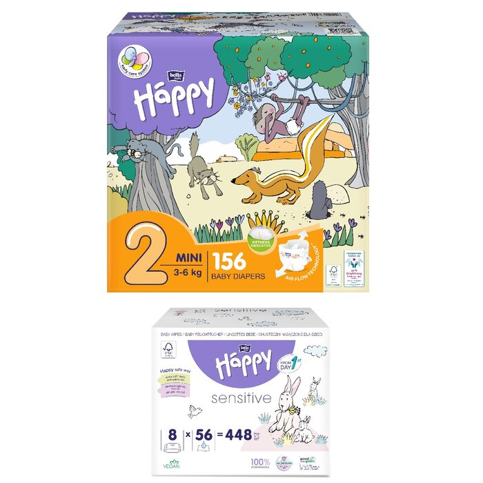 1. Happy Box Windelgröße: Mini Gr. 2 (3-6kg), 1. Sorte Feuchttücher: Milch & Honig