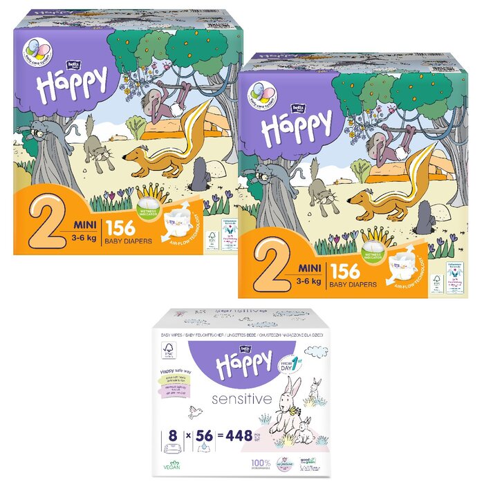 1. Happy Box Windelgröße: Mini Gr. 2 (3-6kg), 2. Happy Box Windelgröße: Maxi Gr. 4 (8-18kg), 1. Sorte Feuchttücher: Haferprotein & Panthenol