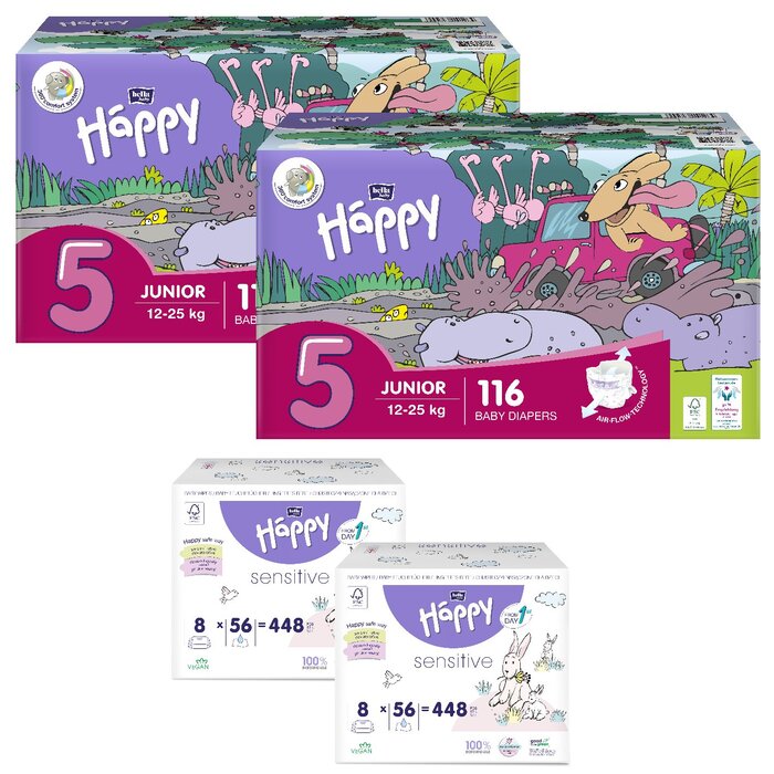 1. Happy Box Windelgröße: Junior Gr. 5 (12-25kg), 2. Happy Box Windelgröße: Junior Extra 6 (16+kg), 1. Sorte Feuchttücher: Allantoin & Vit. E, 2. Sorte Feuchttücher: Mandel & Olive