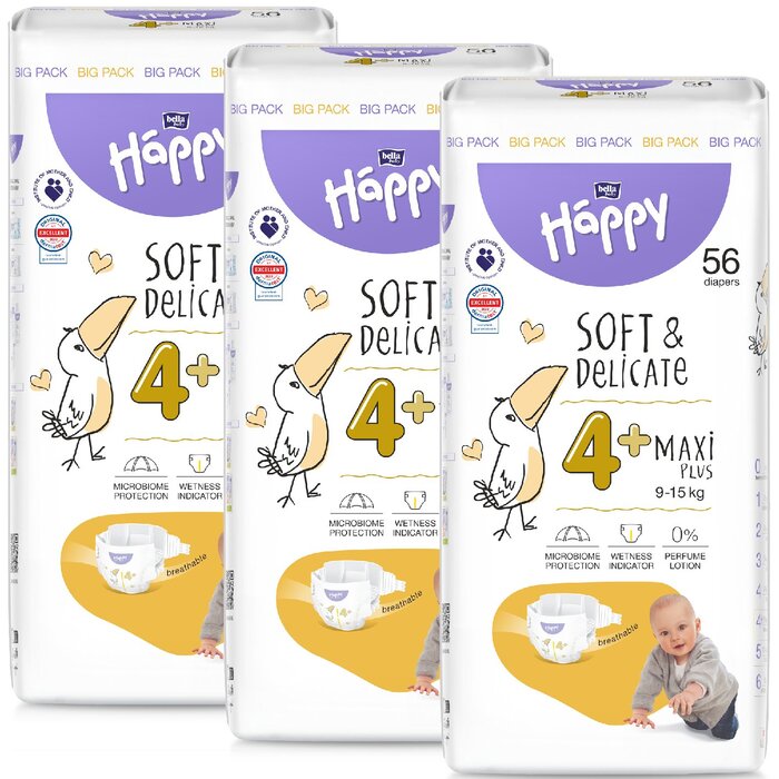 bella baby Happy Windeln Größe 4+ Maxi Plus 9-15kg Big Pack 56 Stück 3er Pack