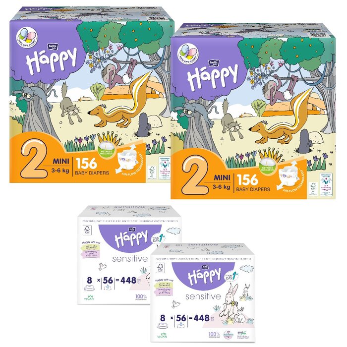 1. Happy Box Windelgröße: Mini Gr. 2 (3-6kg), 2. Happy Box Windelgröße: Midi Gr. 3 (5-9kg), 1. Sorte Feuchttücher: Allantoin & Vit. E, 2. Sorte Feuchttücher: Mandel & Olive