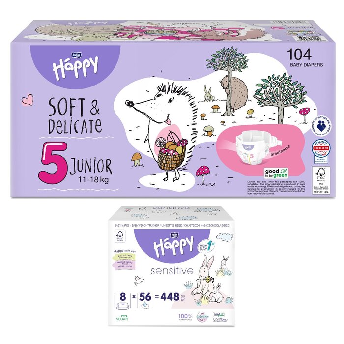 1. Sorte Feuchttücher: feuchtes Toilettenpapier Sensitive, 1. Größe bella baby Happy Box : Größe 5 Junior 11-18kg