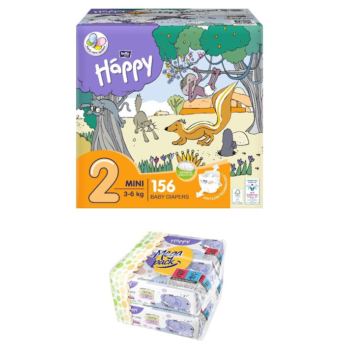 1. Happy Box Windelgröße: Mini Gr. 2 (3-6kg), Feuchttücher Sorte: 4er Pack Allantoin & Vitamin E