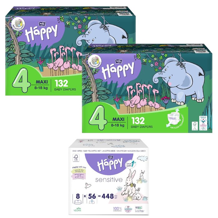 1. Happy Box Windelgröße: Maxi Gr. 4 (8-18kg), 2. Happy Box Windelgröße: Maxi Gr. 4 (8-18kg), 1. Sorte Feuchttücher: Milch & Honig