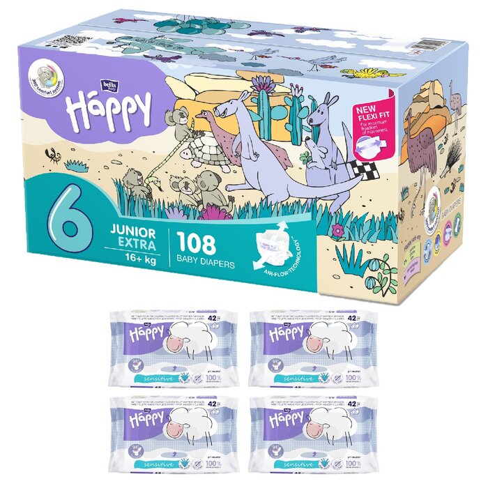 1. Happy Box Windelgröße: Junior Extra 6 (16+kg), Feuchttücher Sorte: 4er Pack feuchtes Toilettenpapier Sensitive