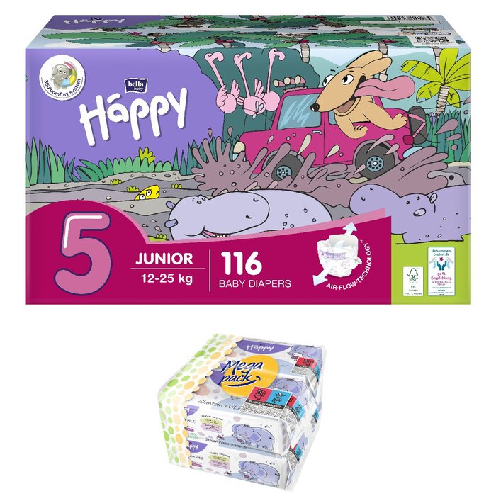 1. Happy Box Windelgröße: Junior Gr. 5 (12-25kg), Feuchttücher Sorte: 4er Pack Allantoin & Vitamin E