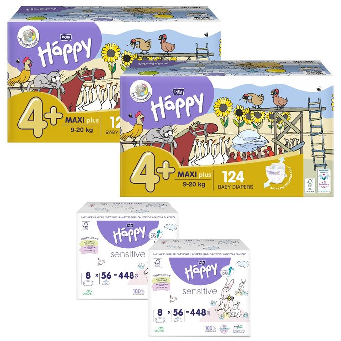 1. Happy Box Windelgröße: Maxi Plus Gr. 4+ (9-20kg), 2. Happy Box Windelgröße: Junior Extra 6 (16+kg), 1. Sorte Feuchttücher: Sensitive, 2. Sorte Feuchttücher: Seide & Baumwolle