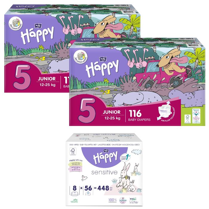 1. Happy Box Windelgröße: Junior Gr. 5 (12-25kg), 2. Happy Box Windelgröße: Mini Gr. 2 (3-6kg), 1. Sorte Feuchttücher: Allantoin & Vit. E