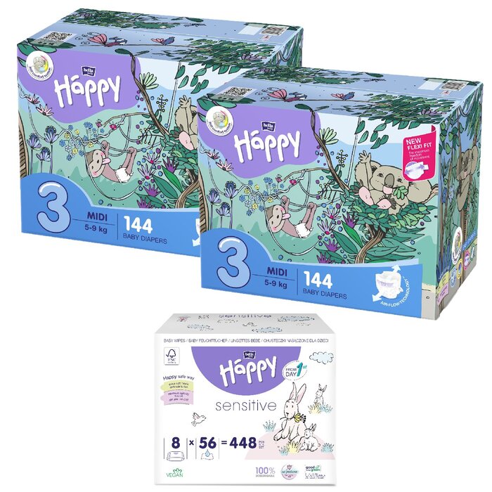 1. Happy Box Windelgröße: Midi Gr. 3 (5-9kg), 2. Happy Box Windelgröße: Mini Gr. 2 (3-6kg), 1. Sorte Feuchttücher: Aqua Care