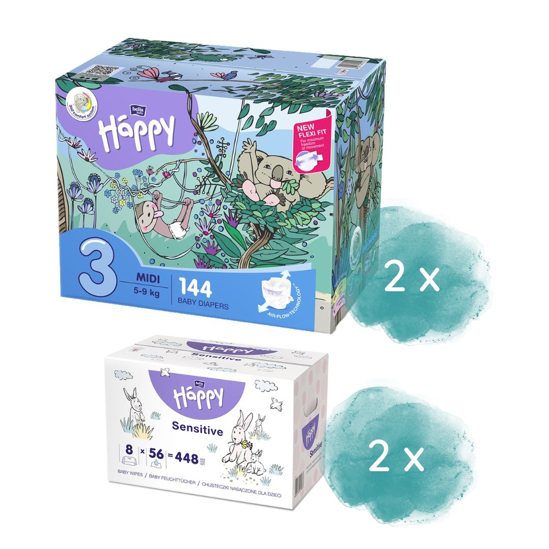 Happy Box Windeln Gr.3 Midi 5-9kg 144 St. + 2.Größe + 16er Pack Feuchttücher